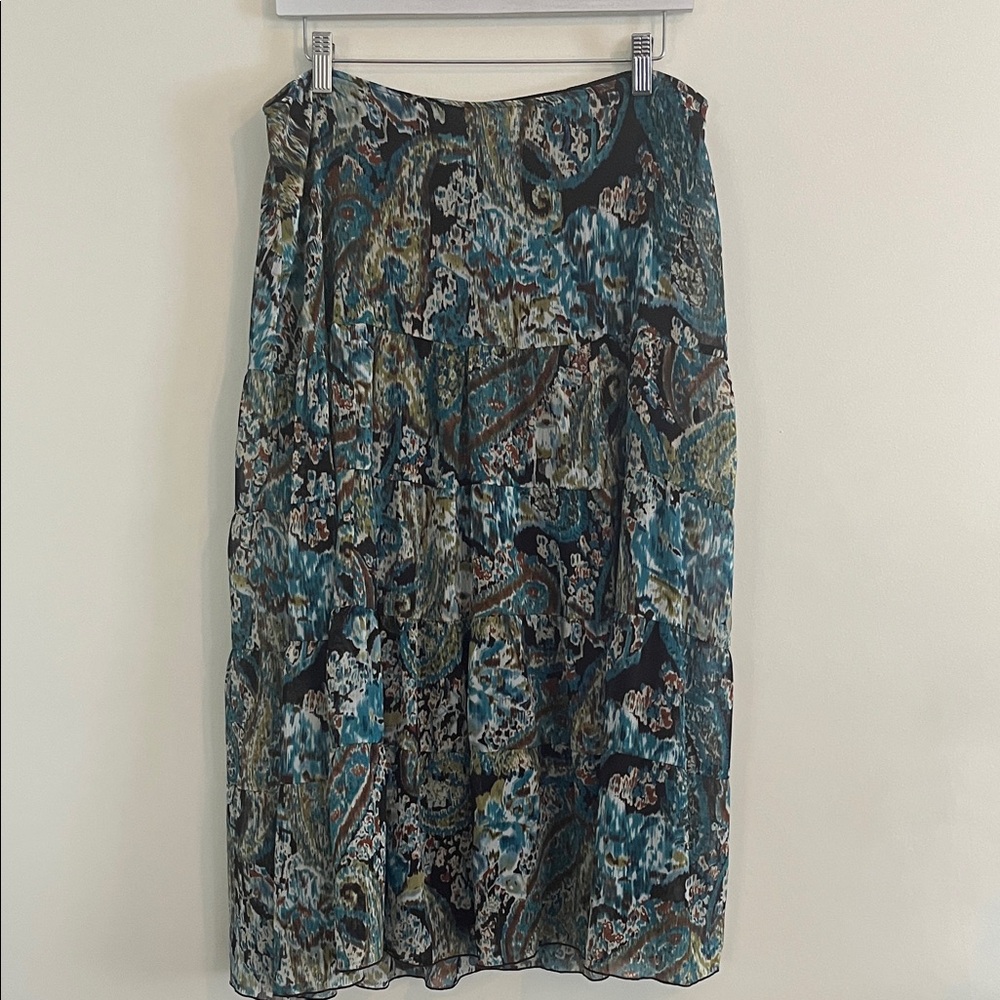 Vintage Dressbarn Abstract Tiered Chiffon Midi Skirt Boho Bohemian Blue Green 12